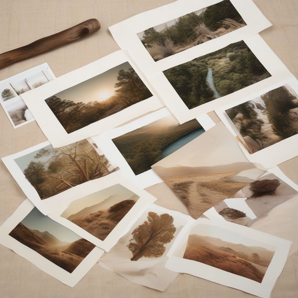 Assorted printed landscape photographs laid out on linen