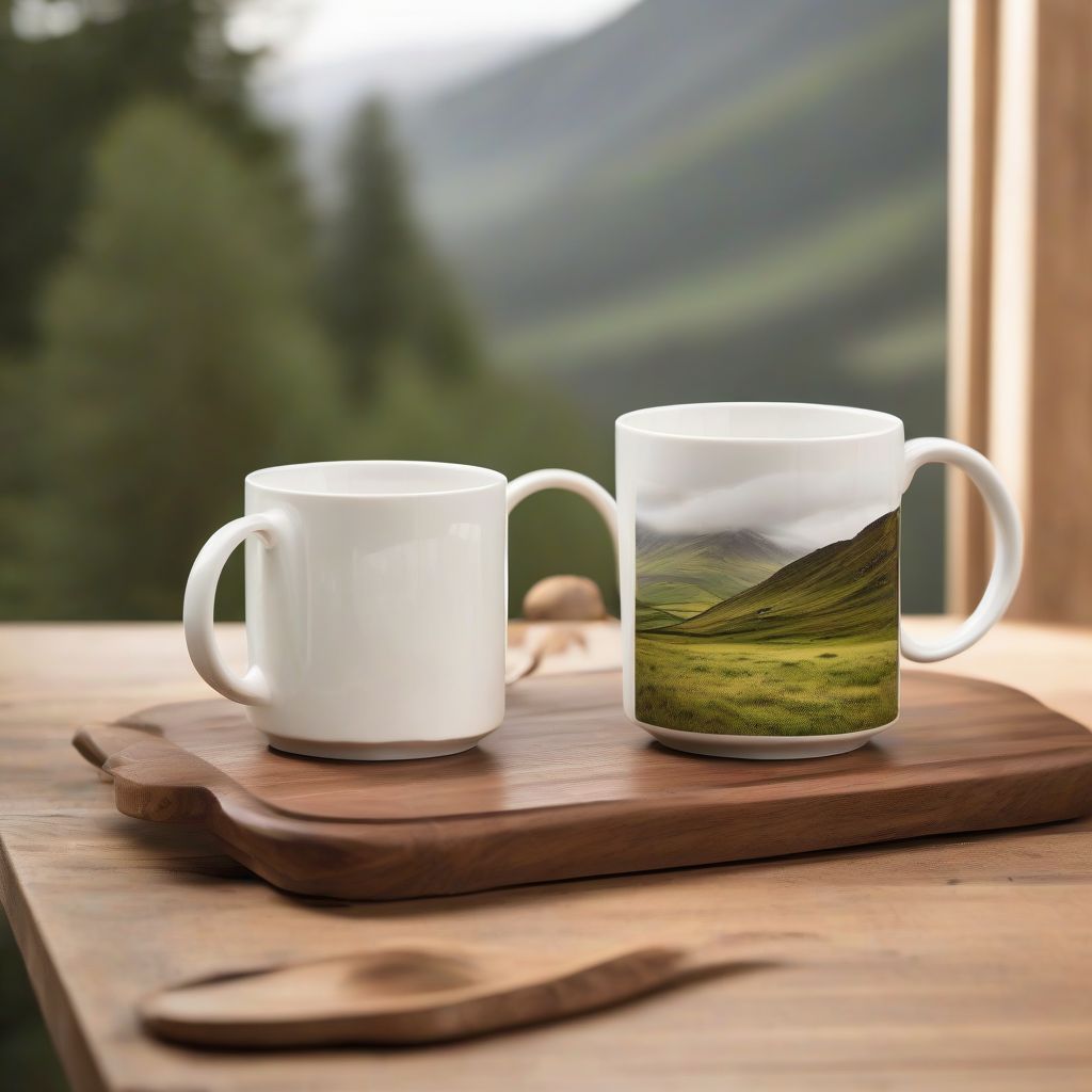 White ceramic mug printed with a landscape photograph
